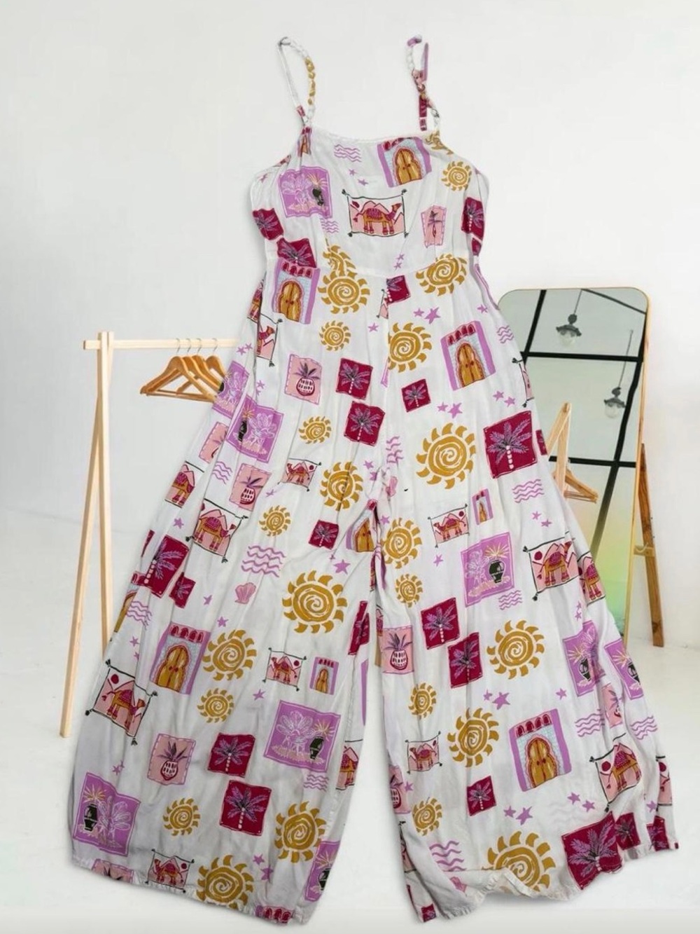 Japna White Jumpsuit with Pink & Gold Graphic Print